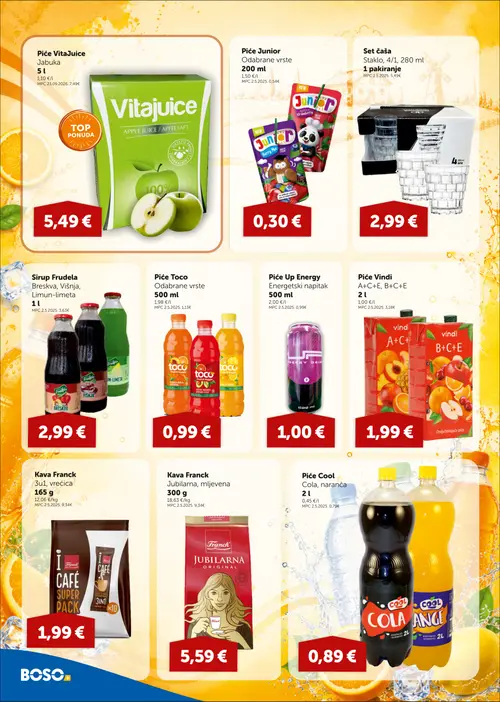 Boso katalog — stranica 10: Piće Toco Odabrane vrste 500 ml, Set čaša Staklo, 4/1, 280 ml 1 pakiranje, Junior Odabrane vrste 200 ml, Piće Vindi A+C+E, B+C+E 2 l (vrijedi 01.10.–07.10.2026.)