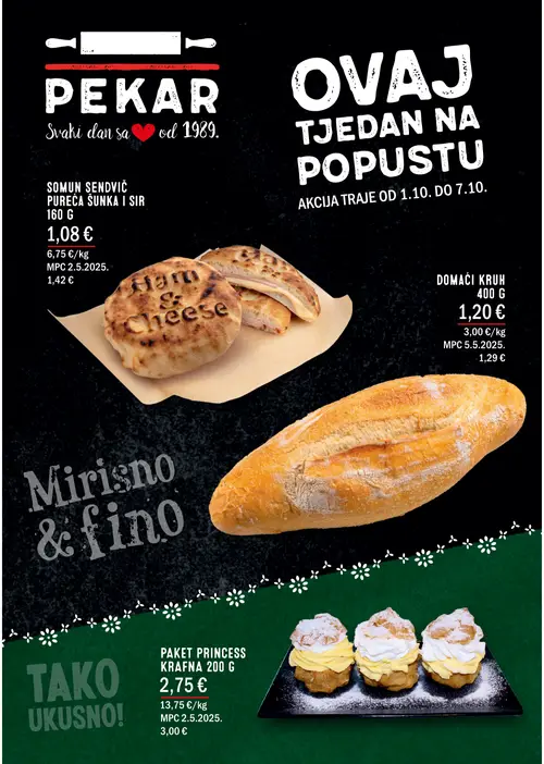 Boso katalog — stranica 2: SOMUN SENDVIČ PUREĆA ŠUNKA I SIR, PAKET PRINCESS KRAFNA, DOMAĆI KRUH (vrijedi 01.10.–07.10.2026.)
