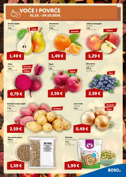 Boso katalog — stranica 3: Mandarina Rinfuza, Luk crveni Rinfuza, Berny Pistacija Pečena, slana, Suncokret sjeme (vrijedi 01.10.–07.10.2026.)