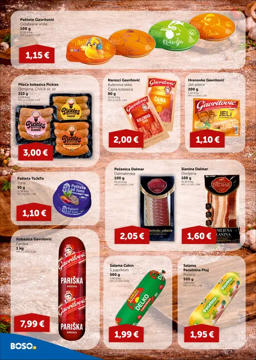 Boso katalog — stranica 4: Cekin Salama Cekin S paprikom, Gavrilović Našresci Gavrilović Kulenova seka, Čajna kobasica, Dalmar Pečenica Dalmar Dalmatinska, Gavrilović Paštete Gavrilović Odabrane vrste (vrijedi 01.10.–07.10.2026.)