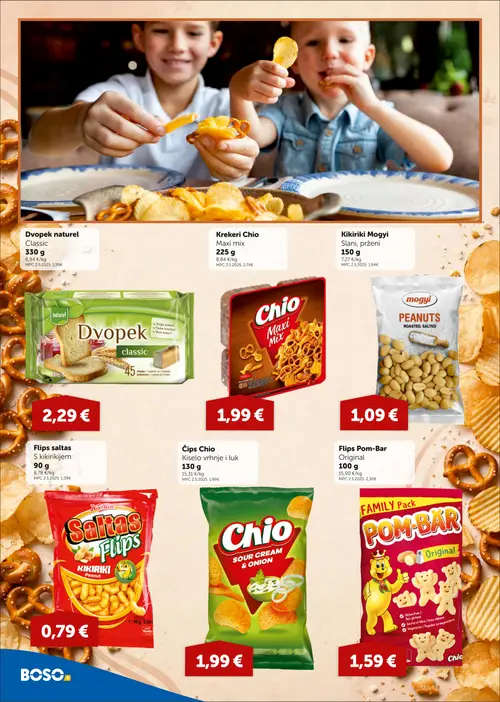 Boso katalog — stranica 8: Chio Čips Chio Kiselo vrhnje i luk, Chio Flips Pom-Bar Original, Krekert Chio Maxi mix, Dvopek naturel Classic (vrijedi 01.10.–07.10.2026.)