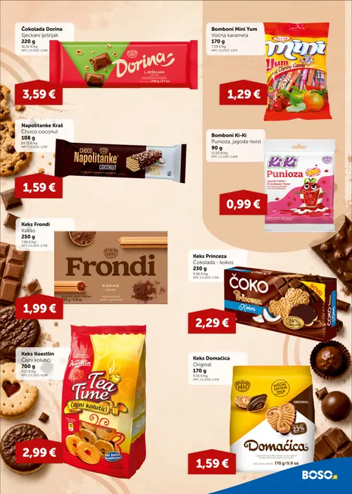 Boso katalog — stranica 9: Dorina Čokolada Dorina Sjeckani lješnjak, Koestlin Keks Koestlin Čajni kolutići, Tayas Bomboni Mini Yum Voćna karamela, Domaćica Keks Domaćica Original (vrijedi 01.10.–07.10.2026.)