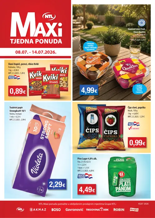 Boso katalog — stranica 1: Pan Pivo Lager 4,8% alk., Violeta Toaletni papir Strong&soft 10/1, Hrusk Čips slani, paprika, Ledo Sladoled Colori Fruit, Choco Quattro (vrijedi 08. 07. 2026.–14. 07. 2026.)