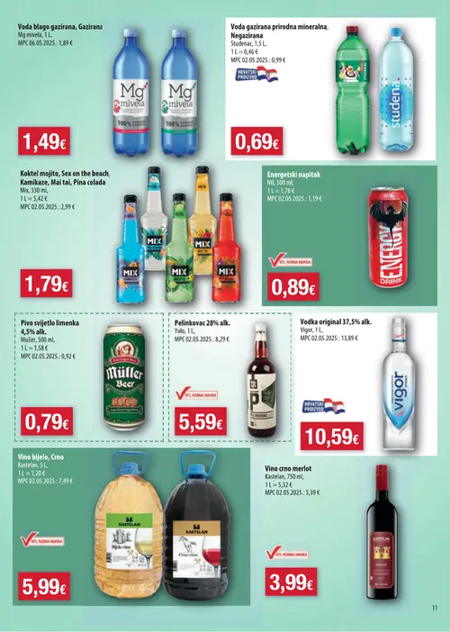 Boso katalog — stranica 11: Mg Voda blago gazirana, Gazirana Mg nivela, Studenac Voda gazirana prirodna mineralna, Negazirana Studenac, Koktel mojito, Sex on the beach, Kamikaze, Mai tai, Pina colada Mix, Energetski napitak Ntl (vrijedi 08. 07. 2026.–14. 07. 2026.)