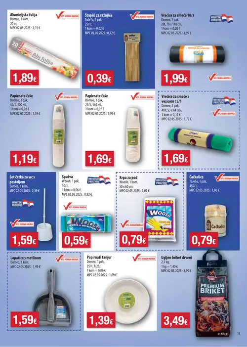 Boso katalog — stranica 15: Domeo Aluminijska folija, ToJeTo Štapići za ražnjiće, Domeo Vrećice za smeće 10/1, Domeo Papirnate čaše (vrijedi 08. 07. 2026.–14. 07. 2026.)