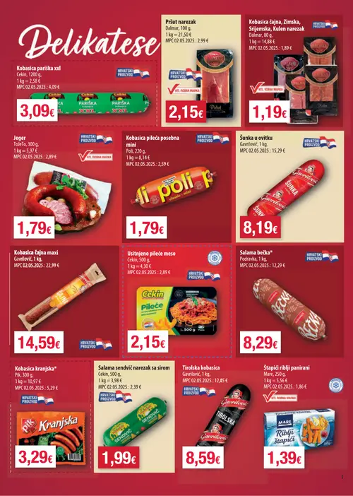 Boso katalog — stranica 3: Pik Kobasica kranjska*, Cekin Salama sendvič narezak sa sirom, Gavrlović Tirolska kobasica, Mare Štapići riblji panirani (vrijedi 08. 07. 2026.–14. 07. 2026.)