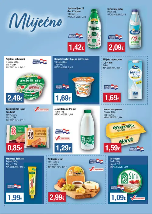 Boso katalog — stranica 4: Svježe mlijeko 21 dan 3,2% mm, Dukat Kefir i love natur, Svježi sir polumasni, Domaće kiselo vrhnje za sir 25% mm (vrijedi 08. 07. 2026.–14. 07. 2026.)