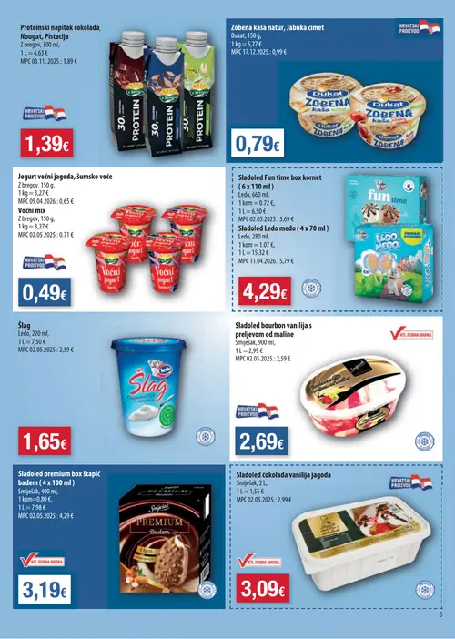 Boso katalog — stranica 5: Proteinski napitak čokolada, Nougat, Pistacija, Dukat Zobena kaša natur, Jabuka cimet, Z bregov Jogurt voćni jagoda, šumsko voće, Z bregov Voćni mix (vrijedi 08. 07. 2026.–14. 07. 2026.)