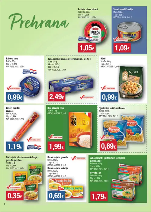 Boso katalog — stranica 6: Podravka Pašteta pileća pikant, Mare Tuna komadići u ulju, TojeTo Pašteta tuna, Mare Tuna komadi u suncokretovom ulju (3 x 52 g) (vrijedi 08. 07. 2026.–14. 07. 2026.)