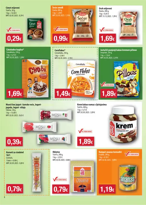 Boso katalog — stranica 8: ToJeTo Cimet mljeveni, Fineta Šećer smeđi, Fineta Orah mljeveni, Cerealitalia Čokoladne kuglice* (vrijedi 08. 07. 2026.–14. 07. 2026.)