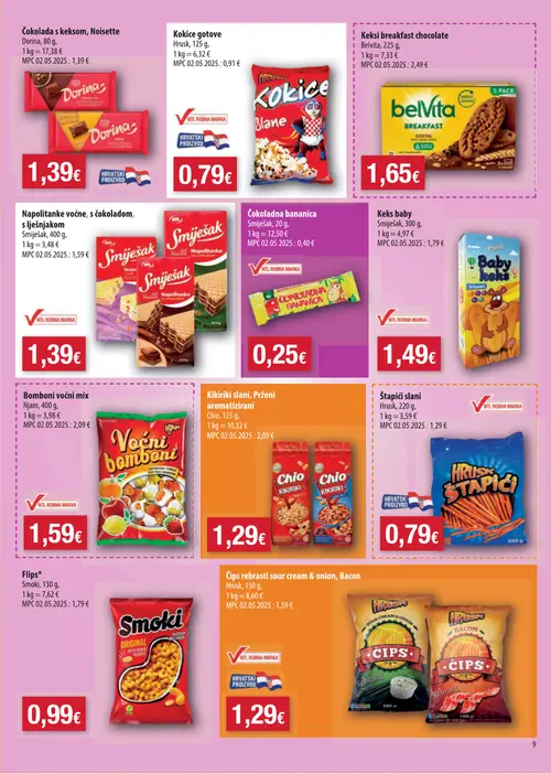 Boso katalog — stranica 9: Dorina Čokolada s keksom, Noisette, Hrusk Kokice gotove, belVita Keksi breakfast chocolate, Smješka Napolitanke voćne, s čokoladom, s lješnjakom (vrijedi 08. 07. 2026.–14. 07. 2026.)