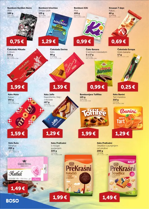 Boso katalog — stranica 8: Bomboni BonBon Noire Mint, Bomboni hitschies Zmajev jezik, Bomboni KiKi Plus, Kroasan 7 days Kakao (vrijedi 13. 08. 2026.–19. 08. 2026.)
