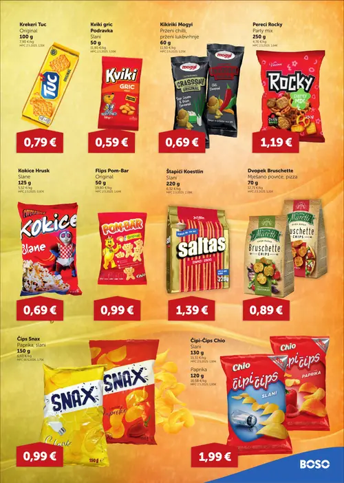Boso katalog — stranica 9: Krekert Tuc Original, Kviki gric Podravka Slani, Mogyi Kikiriki Mogyi Prženi chili, prženi luk&vrhnje, Rocky Pereci Rocky Party mix (vrijedi 13. 08. 2026.–19. 08. 2026.)