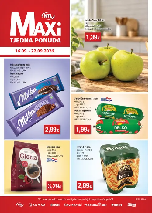 Boso katalog — stranica 1: Jabuka Zlatni delišes, Milka Čokolada Alpine milk, Milka Čokolada Oreo, Cekin Sendvič narezak sa sirom (vrijedi 17. 09. 2026.–22. 09. 2026.)