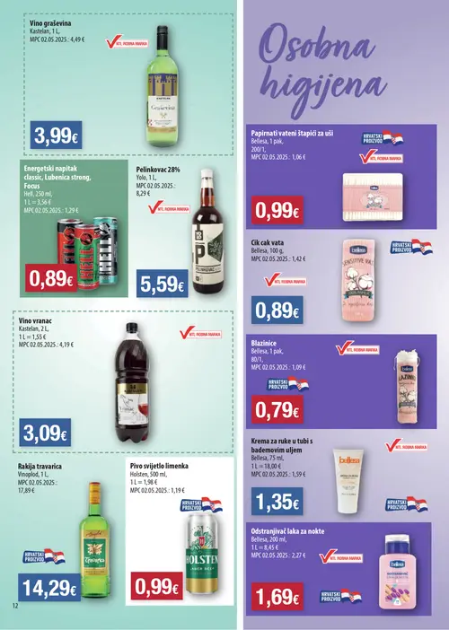 Boso katalog — stranica 12: Castelan Vino graševina, Hell Energetski napitak classic, Lubenica strong, Focus, Yolo Pelinakovac 28%, Bellesa Papirnati vateni štapići za uši (vrijedi 17. 09. 2026.–22. 09. 2026.)