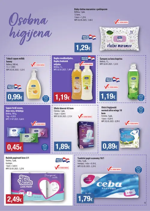 Boso katalog — stranica 13: Bellesa Tekući sapun milk&honey, Ceba Toaletni papir economy 10/1, Bellesa Sapun tvrdi ocean, Aloe vera, Orhideja, Violeta Ručnik papirnati love 3/1 (vrijedi 17. 09. 2026.–22. 09. 2026.)