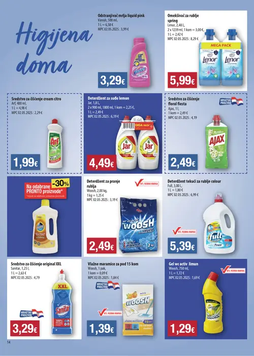 Boso katalog — stranica 14: Ajax Sredstvo za čišćenje floral fiesta Ajax, Sanitar Sredstvo za čišćenje original XXL Sanitar, Lenor Omekšivač za rublje spring Lenor, Jar Deterdžent za suđe lemon Jar (vrijedi 17. 09. 2026.–22. 09. 2026.)
