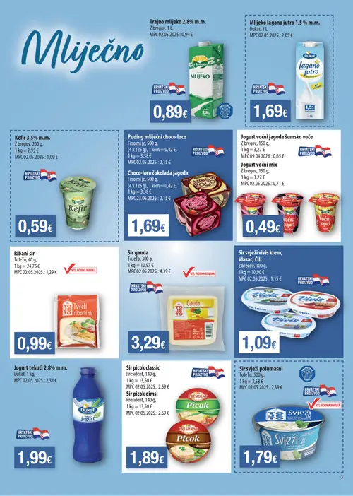 Boso katalog — stranica 3: Trajno mlijeko 2,8% m.m., Dukat Mlijeko lagano jutro 1,5 % m.m., Z bregov Kefir 3,5% m.m., Fino Puding mliječni choco-loco (vrijedi 17. 09. 2026.–22. 09. 2026.)