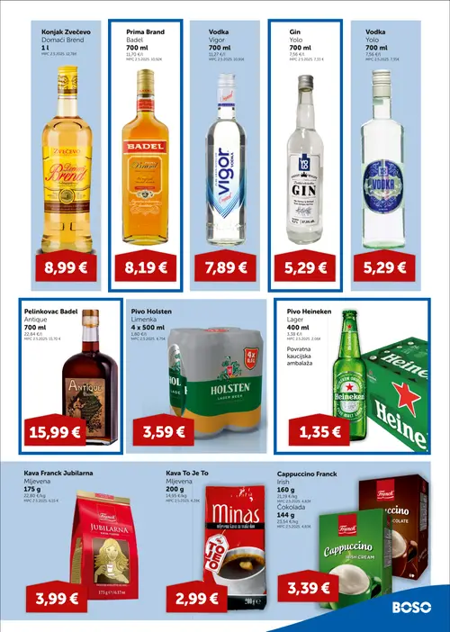 Boso katalog — stranica 11: Heineken Pivo Heineken Lager, Franck Cappuccino Franck Irish, Zvečevo Konjak Zvečevo Domaći Brend, Gin Yolo (vrijedi 22.10.–04.11.2026.)