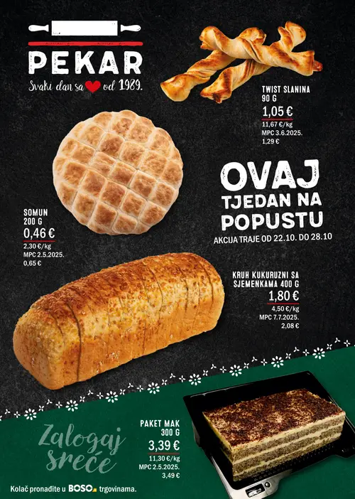 Boso katalog — stranica 2: SOMUN 200 G, TWIST SLANINA 90 G, KRUH KUKURUZNI SA SJEMENKAMA 400 G, PAKET MAK 300 G (vrijedi 22.10.–04.11.2026.)