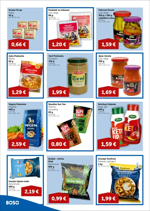 Boso katalog — stranica 6: Ecofrost Krumpir Ecofrost Pekarski, začinjeni, Zorela Ajvar Zorela Ljuti, blagi, Kvasac Di-go Svježi, Podravka Senf Podravka Estragon (vrijedi 22.10.–04.11.2026.)