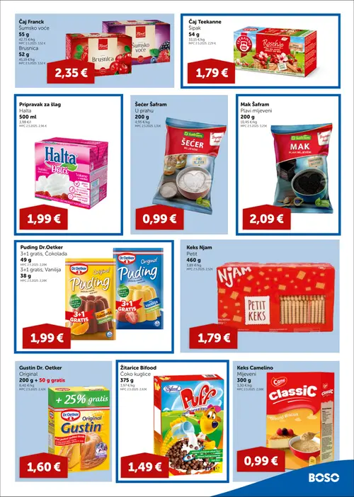 Boso katalog — stranica 7: Mak Šafran Plavi mljeveni, Bifood Žitarice Bifood Čoko kuglice, Šećer Šafran U prahu, Dr.Oetker Puding Dr.Oetker 3+1 gratis, Čokolada (vrijedi 22.10.–04.11.2026.)