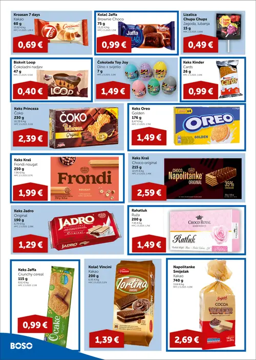 Boso katalog — stranica 8: Kraš Keks Kraš Frondi nougat, Kroasan 7 days Kakao, Kinder Keks Kinder Cards, Biskvit Loop Čokoladni nadjev (vrijedi 22.10.–04.11.2026.)