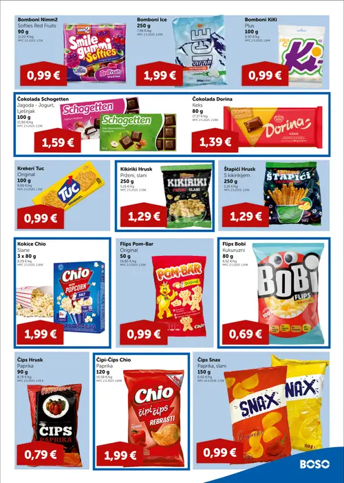 Boso katalog — stranica 9: Chio Čipi-Čips Chio Paprika, Schogetten Čokolada Schogetten Jagoda - Jogurt, Lješnjak, HRUSK Štapići Hrusk S kikirikijem, Čips Snax Paprika, slani (vrijedi 22.10.–04.11.2026.)