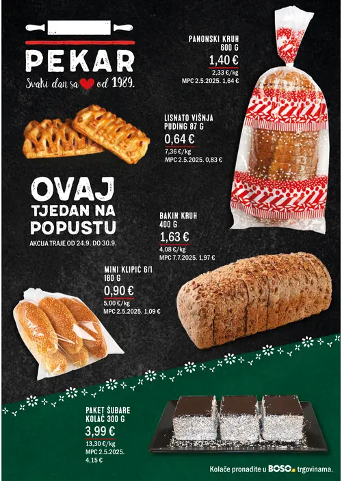 Boso katalog — stranica 2: LISNATO VIŠNJA PUDING, MINI KLIPIĆ 6/1, BAKIN KRUH, PANONSKI KRUH (vrijedi 24. 09. 2026.–07. 10. 2026.)