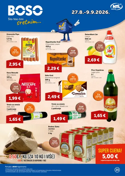 Boso katalog — stranica 1: Zlato ravnice Brašno Zlato ravnice T-550, Hrenovke Pipo Extra XXL, Kraš Napolitanke Kraš Chocolate cream, Jar Deterdžent Jar Limun (vrijedi 27. 08. 2026.–09. 09. 2026.)