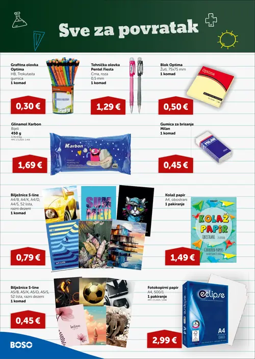 Boso katalog — stranica 14: Optima Grafitna olovka Optima, Pentel Tehnička olovka Pentel Fiesta, Optima Blok Optima, Karbon Glinamol Karbon Bijeli (vrijedi 27. 08. 2026.–09. 09. 2026.)