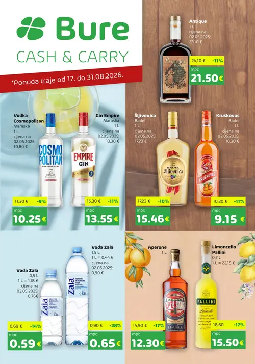 Bure katalog — stranica 1: Voda Zala, Aperone, Pallini Limoncello Pallini, Voda Zala (vrijedi 17. 08. 2026.–31. 08. 2026.)