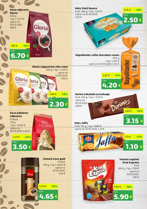 Bure katalog — stranica 2: Franck Kava jubilarna mljevena, Napolitanke vafel chocolate cream, Gloria Gloria cappuccino više vrsta, Dorina Dorina čokolada za kuhanje (vrijedi 17. 08. 2026.–31. 08. 2026.)