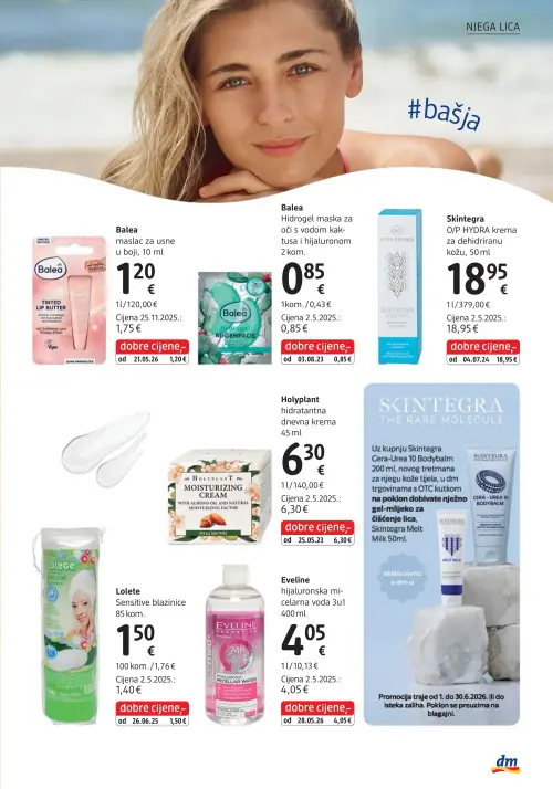 dm katalog — stranica 17: Skintegra O/P HYDRA krema za dehidriranu kožu, Holyplant hidratantna dnevna krema, Lolete Sensitive blazinice, Eveline hijaluronska micelarna voda 3u1 (vrijedi 15. 06. 2026.–29. 06. 2026.)