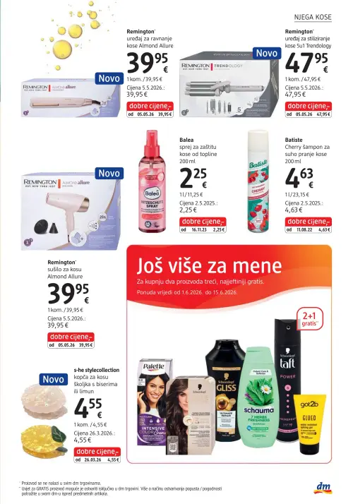 dm katalog — stranica 19: Remington uređaj za ravnanje kose Almond Allure, Remington uređaj za stiliziranje kose 5u1 Trendology, Balea sprej za zaštitu kose od topline, Batiste Cherry šampon za suho pranje kose (vrijedi 15. 06. 2026.–29. 06. 2026.)