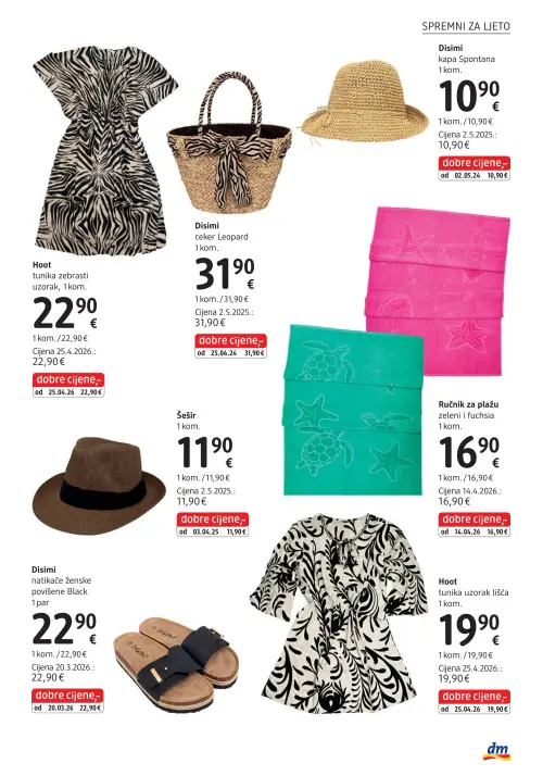 dm katalog — stranica 23: Hoot tunika zebrasti uzorak, Disimi kapa Spontana, Disimi ceker Leopard, Šešir (vrijedi 15. 06. 2026.–29. 06. 2026.)