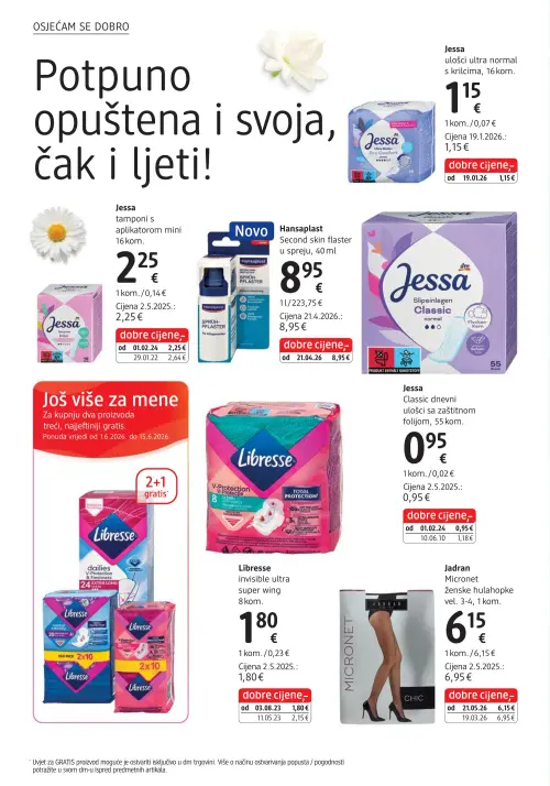 dm katalog — stranica 24: Jessa Classic dnevni ulošci sa zaštitnom folijom, Libresse invisible ultra super wing, Jessa tamponi s aplikatorom mini, Jadran Micronet ženske hulahopke (vrijedi 15. 06. 2026.–29. 06. 2026.)