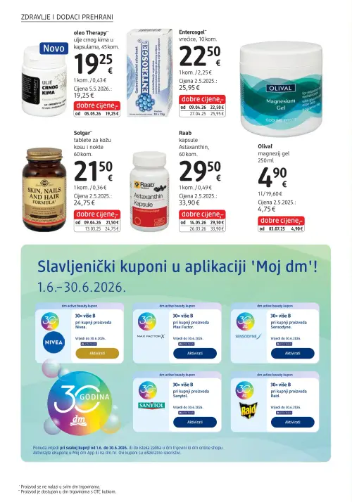 dm katalog — stranica 26: Enterosgel Enterosgel vrećice, Solgar tablete za kožu kosu i nokte, Raab kapsule Astaxanthin, oleo Therapy ulje crnog kima u kapsulama (vrijedi 15. 06. 2026.–29. 06. 2026.)