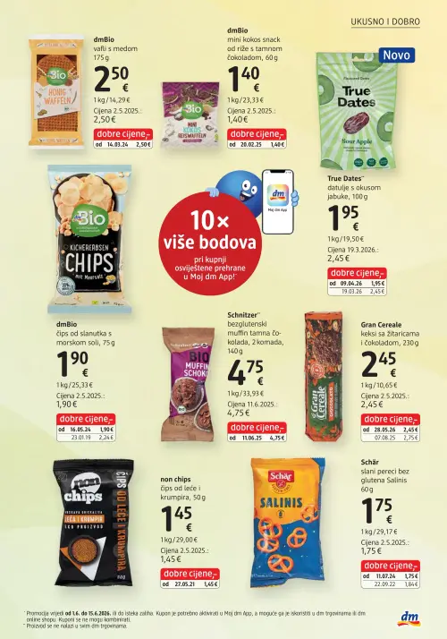 dm katalog — stranica 29: True Dates datulje s okusom jabuke, dmBio čips od slanutka s morskom soli, Gran Cereale keksi sa žitaricama i čokoladom, Schär slani pereci bez glutena Salinis (vrijedi 15. 06. 2026.–29. 06. 2026.)