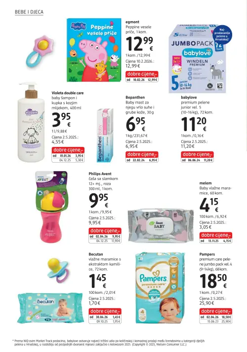 dm katalog — stranica 30: Pampers premium care pelene jumbo pack vel. 4, Becutan vlažne maramice s ekstraktom kamilice, Violeta double care baby šampon i kupka s kozjim mlijekom, egmont Peppine vesele priče (vrijedi 15. 06. 2026.–29. 06. 2026.)
