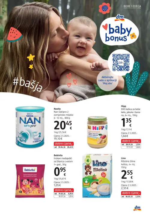 dm katalog — stranica 31: Hipp EKO kašica za bebe keks, jabuka i banana, Bebivita hrskavi medvjedići od žitarica s voćem, Nestle Nan Optipro 2 zamjensko mlijeko, Lino Rižolino žitna kašica (vrijedi 15. 06. 2026.–29. 06. 2026.)