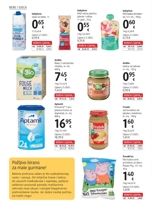 dm katalog — stranica 32: babylove voda za bebe, babylove EKO kašica od lubenice, 12+ mj., Aptamil Pronutra™ 2 prijelazna hrana za dojenčad, 6+ mj., Frutek voćna kašica od jabuke s kolačima 6+ mj. (vrijedi 15. 06. 2026.–29. 06. 2026.)