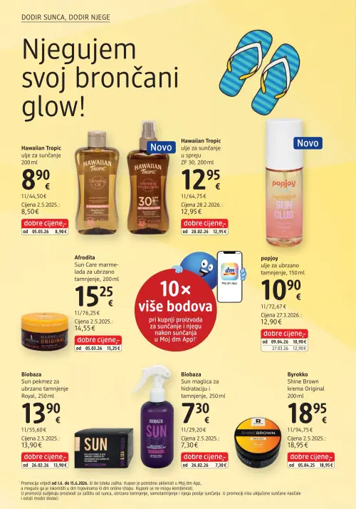 dm katalog — stranica 6: popjoy ulje za ubrzano tamnjenje, Hawaiian Tropic ulje za sunčanje, Hawaiian Tropic ulje za sunčanje u spreju ZF 30, Afrodita Sun Care marmelada za ubrzano tamnjenje (vrijedi 15. 06. 2026.–29. 06. 2026.)