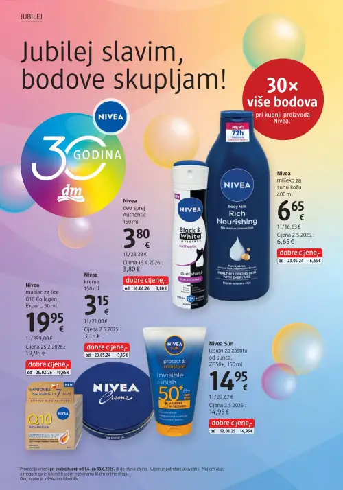 dm katalog — stranica 8: Nivea Nivea deo sprej Authentic, Nivea Nivea mlijeko za suhu kožu, Nivea Nivea maslac za lice Q10 Collagen Expert, Nivea Nivea krema (vrijedi 15. 06. 2026.–29. 06. 2026.)