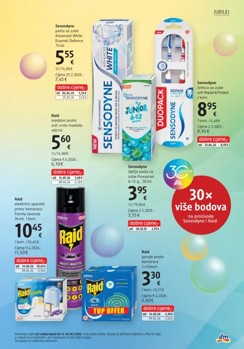 dm katalog — stranica 9: Sensodyne pasta za zube Advanced White Enamel Defence, Raid električni aparatić protiv komaraca Family lavanda, Raid spirale protiv komaraca, Raid sredstvo protiv svih vrsta inekata (vrijedi 15. 06. 2026.–29. 06. 2026.)