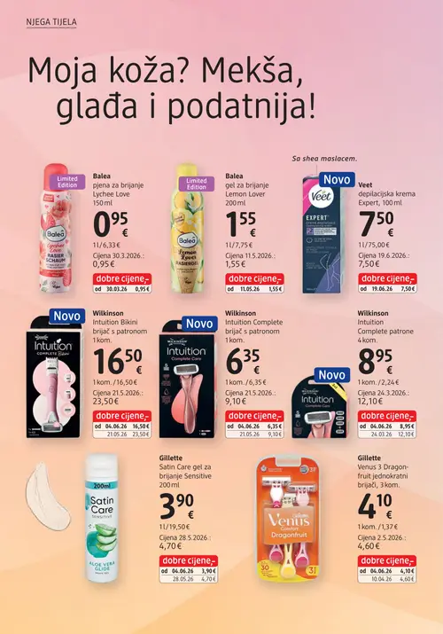 dm katalog — stranica 12: Wilkinson Wilkinson Intuition Complete brijač s patronom, Wilkinson Wilkinson Intuition Bikini brijač s patronom, Wilkinson Wilkinson Intuition Complete patrone, Gillette Gillette Satin Care gel za brijanje Sensitive (vrijedi 15. 07. 2026.–29. 07. 2026.)