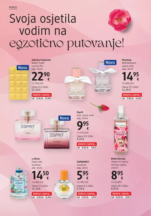 dm katalog — stranica 20: Sabrina Carpenter Sweet Tooth Lemon Pie edp, 30 ml, Mustang Mustang Wild Blossom razne vrste edp, 30 ml, Esprit Esprit Just, razne vrste edp, 20 ml, Betty Barclay Betty Barclay cheers to cherry mirisna vodica 250 ml (vrijedi 15. 07. 2026.–29. 07. 2026.)