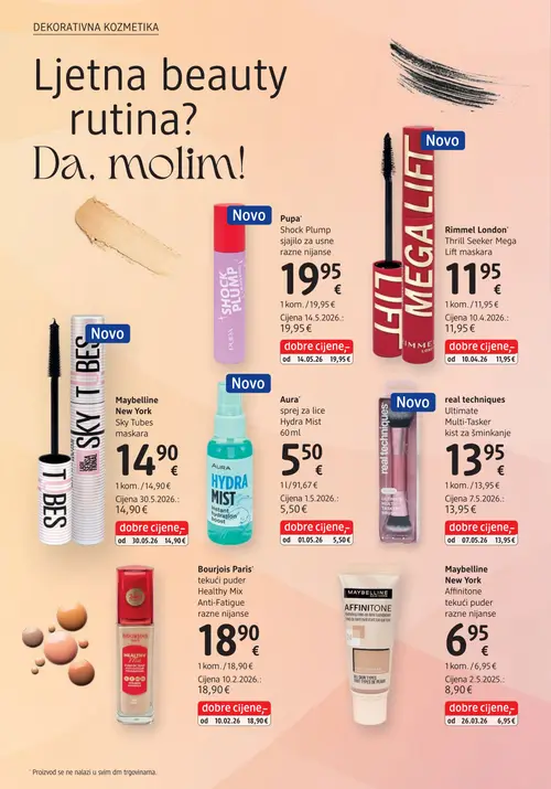 dm katalog — stranica 22: Maybelline New York Maybelline New York Affinitone tekući puder razne nijanse, Pupa Pupa Shock Plump sjajilo za usne razne nijanse, Rimmel London Rimmel London Thrill Seeker Mega Lift maskara, Maybelline New York Maybelline New York Sky Tubes maskara (vrijedi 15. 07. 2026.–29. 07. 2026.)
