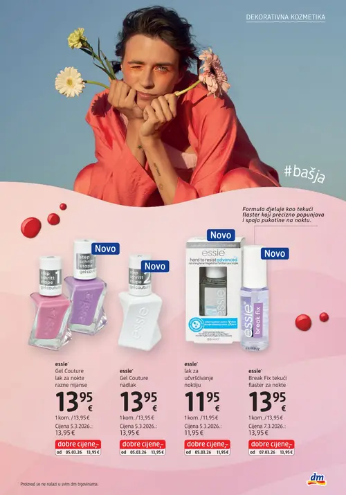 dm katalog — stranica 23: essie essie Gel Couture lak za nokte razne nijanse, essie essie Gel Couture nadlak, essie essie lak za učvršćivanje noktiju, essie essie Break Fix tekući flaster za nokte (vrijedi 15. 07. 2026.–29. 07. 2026.)