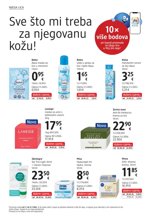 dm katalog — stranica 26: Nivea Nivea Q10+ dnevna krema, Balea Balea Aqua maska za lice u maramici 1 kom., Balea Balea Aqua Wasser Spray, Balea Balea hidratantni serum za lice Aqua (vrijedi 15. 07. 2026.–29. 07. 2026.)